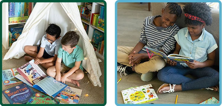 Two photos side by side: two boys reading picture books in a play tent beside a bookshelf, and two children sitting on the floor sharing a book