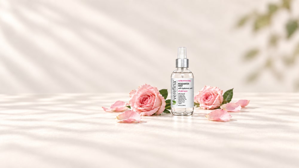 A bottle of Verefina rosewater mist on a sunlit white table scattered with pink roses and petals