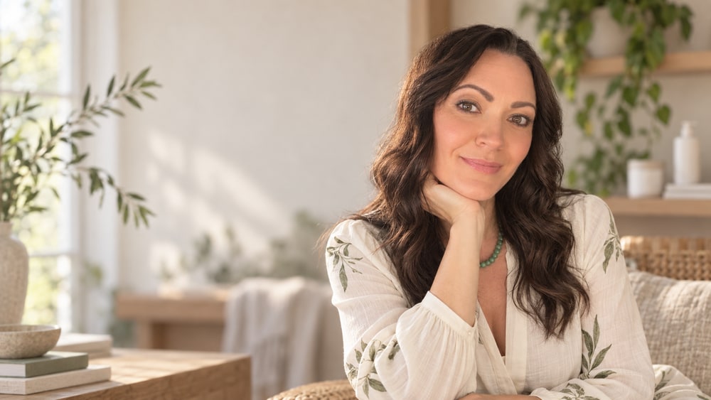 Founder Jen Lugo smiling with her chin on her hand in a bright room with plants
