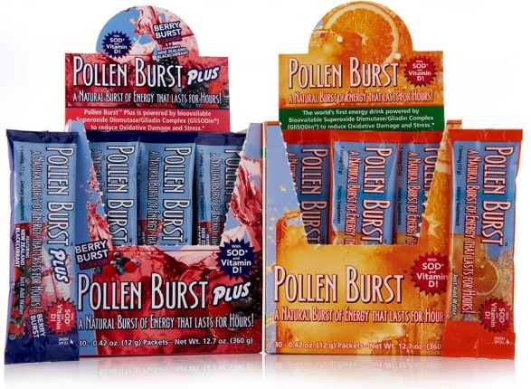 Boxes of Pollen Burst and Pollen Burst Plus energy drink stick packs