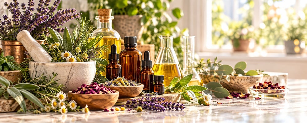 Lavender, sage, chamomile and dried rose petals around a marble mortar and pestle, amber dropper bottles and flasks of oil on a sunlit counter